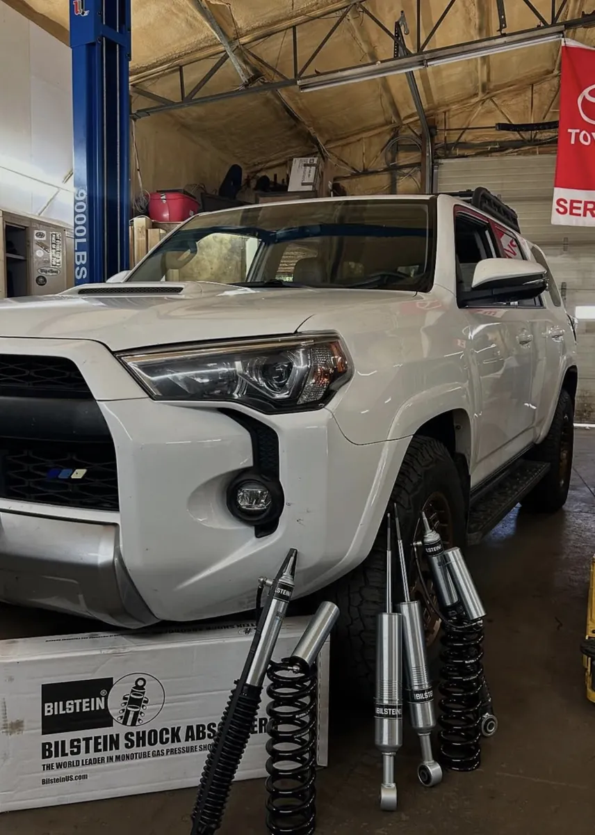 4Runner in the JDS shop with Bilstein shocks and springs ready for install.